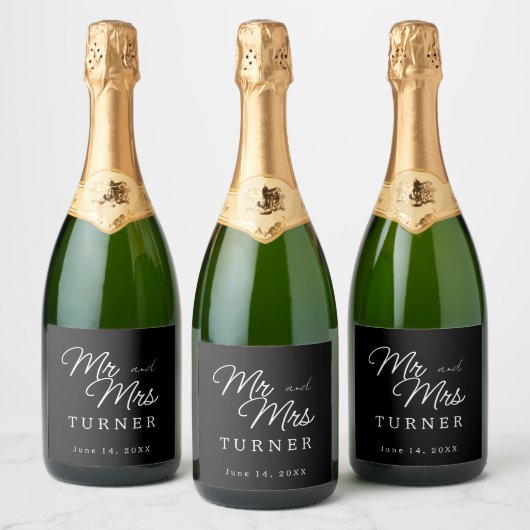 Zwart-wit Mr en Mrs Wedding Sparkling Wijnetiket (Flessen)