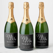 Zwart-wit Mr en Mrs Wedding Sparkling Wijnetiket (Flessen)