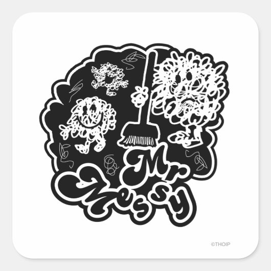 Zwart-wit Mr. Messy Schoonmaak Vierkante Sticker (Voorkant)