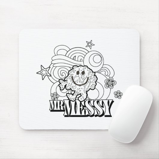 Zwart-wit Mr. Messy | Sterren en wervels Muismat (Met muis)