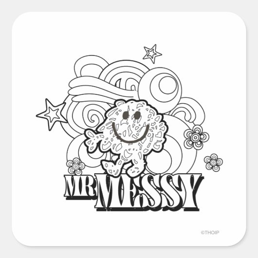 Zwart-wit Mr. Messy | Sterren en wervels Vierkante Sticker (Voorkant)
