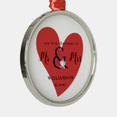 Zwart-wit Mr. & Mrs. 1st kerstrood hart Metalen Ornament (Rechts)