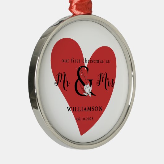 Zwart-wit Mr. & Mrs. 1st kerstrood hart Metalen Ornament (Rechts)