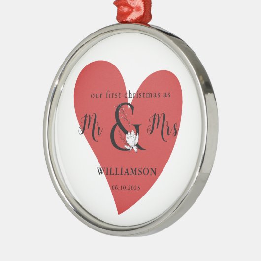 Zwart-wit Mr. & Mrs. 1st kerstrood hart Metalen Ornament (Links)