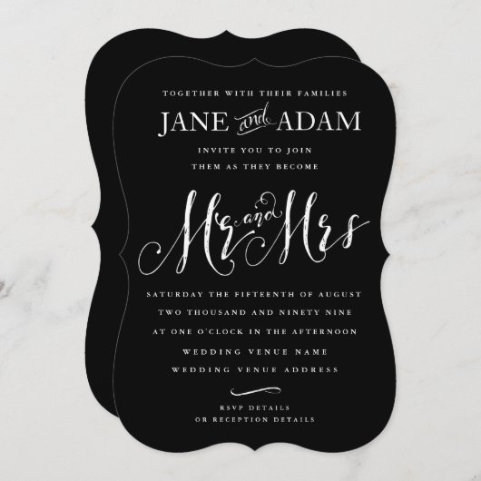 Zwart Wit Mr. & Mrs Typografie Bruiloft Uitnodigin Kaart (Voorkant / Achterkant)
