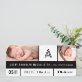 Zwart & Wit Multi Grid Baby Stats 2 Foto Geboorte Aankondiging (Staand voorkant)