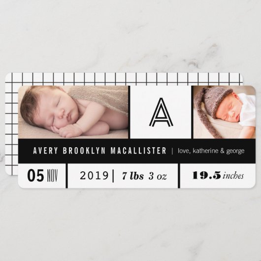 Zwart & Wit Multi Grid Baby Stats 2 Foto Geboorte Aankondiging (Voorkant / Achterkant)