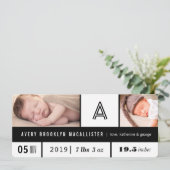 Zwart & Wit Multi Grid Baby Stats 2 Foto Geboortea Aankondiging (Staand voorkant)