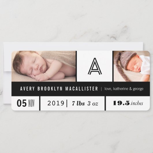 Zwart & Wit Multi Grid Baby Stats 2 Foto Geboortea Aankondiging (Voorkant)