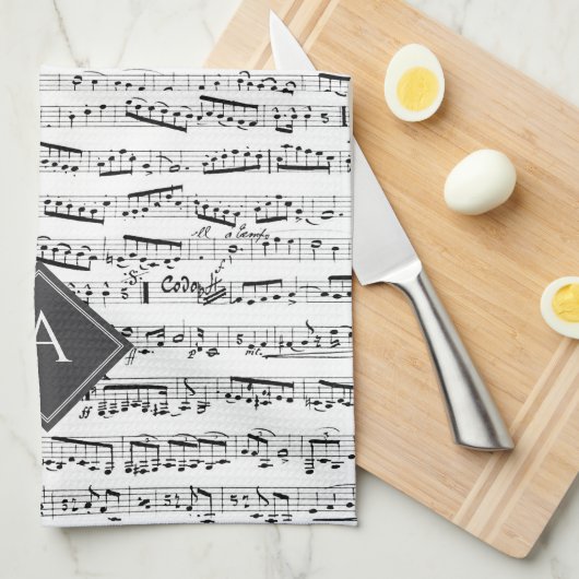 Zwart-wit Musical Notes Aangepaste Monogram Muziek Theedoek (Quarter Fold)