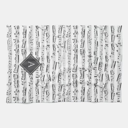 Zwart-wit Musical Notes Aangepaste Monogram Muziek Theedoek (Horizontaal)