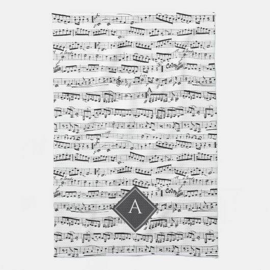 Zwart-wit Musical Notes Aangepaste Monogram Muziek Theedoek (Verticaal)