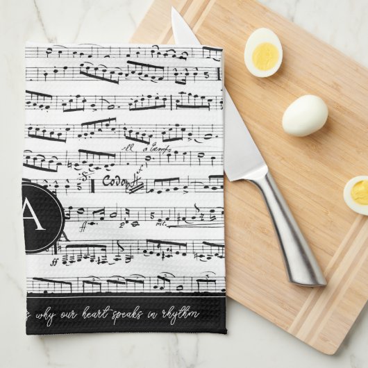 Zwart-wit Musical Notes Aangepaste Monogram Muziek Theedoek (Quarter Fold)