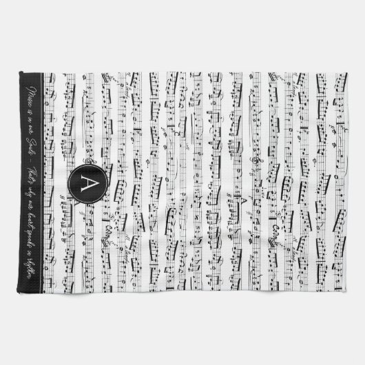 Zwart-wit Musical Notes Aangepaste Monogram Muziek Theedoek (Horizontaal)