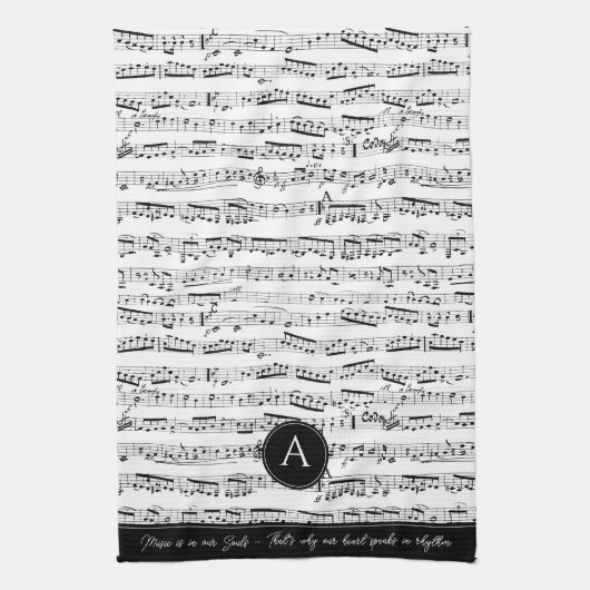Zwart-wit Musical Notes Aangepaste Monogram Muziek Theedoek (Verticaal)