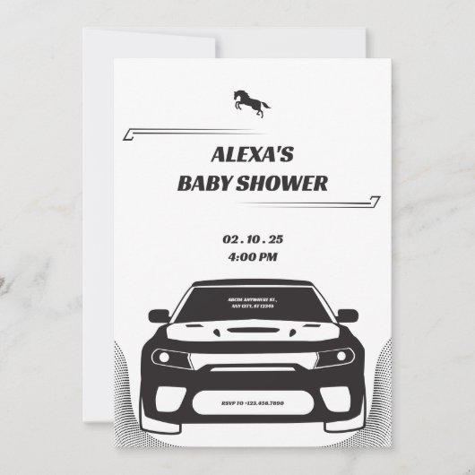 Zwart-wit Mustang Car Baby shower Invitation Kaart (Voorkant)
