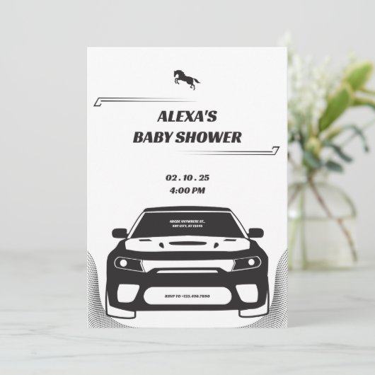 Zwart-wit Mustang Car Baby shower Invitation Kaart (Staand voorkant)