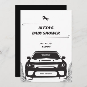 Zwart-wit Mustang Car Baby shower Invitation Kaart