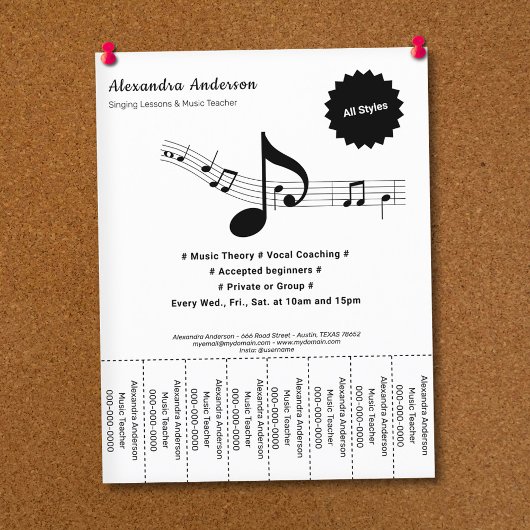 Zwart & Wit Muziekleraar Afscheur stroken Flyer