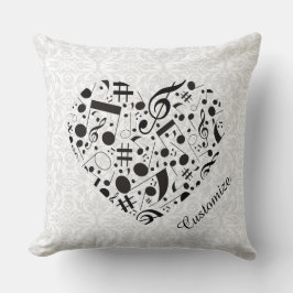 Zwart-wit muzieknoten hart throw kussen