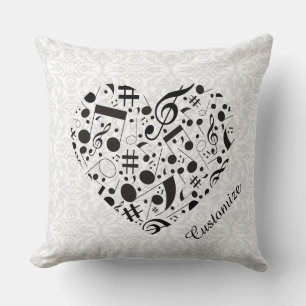 Zwart-wit muzieknoten hart throw kussen