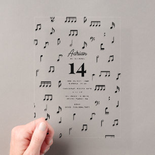 Zwart & Wit Muzieknoten Symbool Verjaardagsfeestje Acryl Uitnodigingen