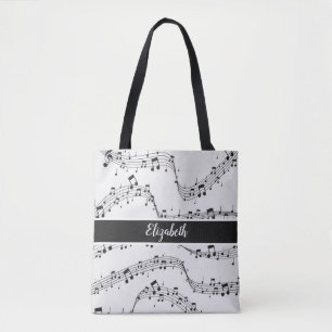 zwart-wit muzieknotitie tote bag