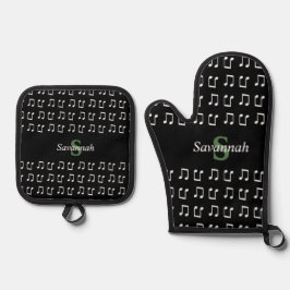 Zwart-wit muzieknotitiepatroon met monogram ovenwant & pannenlap set