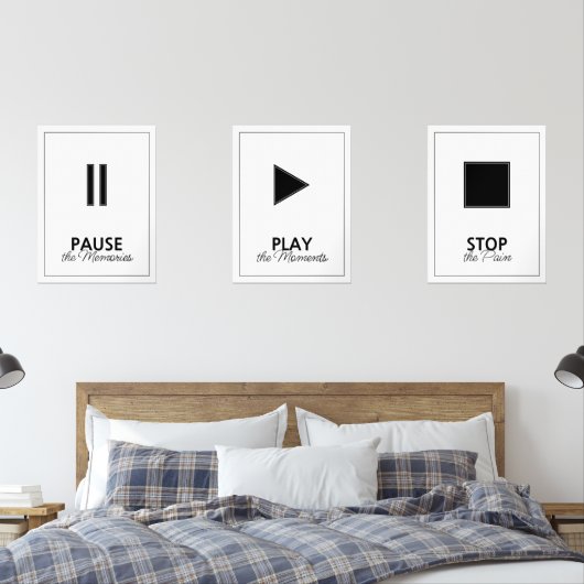 Zwart-wit muziekspeler pauzeert afspeelstop muurkunst sets (Slaapkamer)