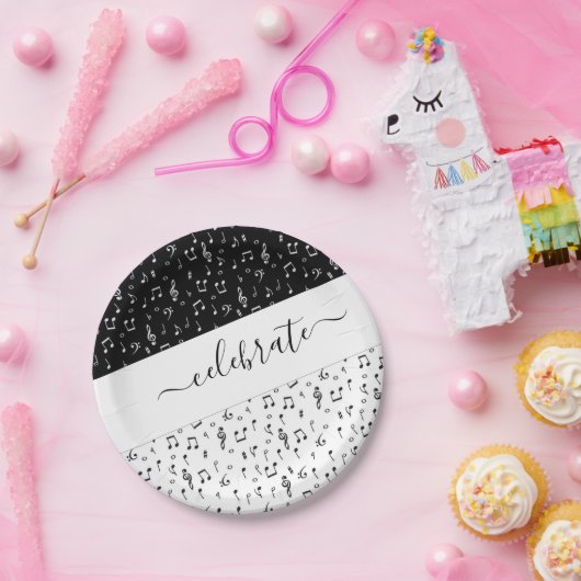 Zwart-wit muzikaal gepersonaliseerd papieren bordje (Feest)