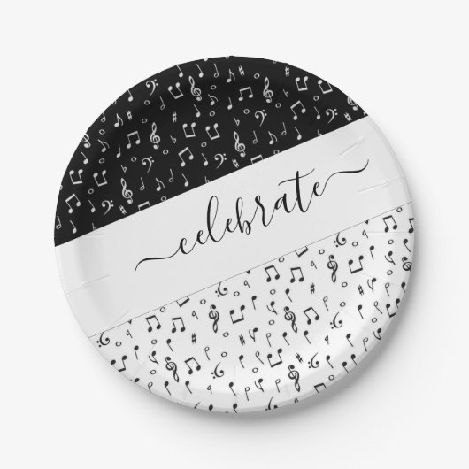 Zwart-wit muzikaal gepersonaliseerd papieren bordje (Voorkant)
