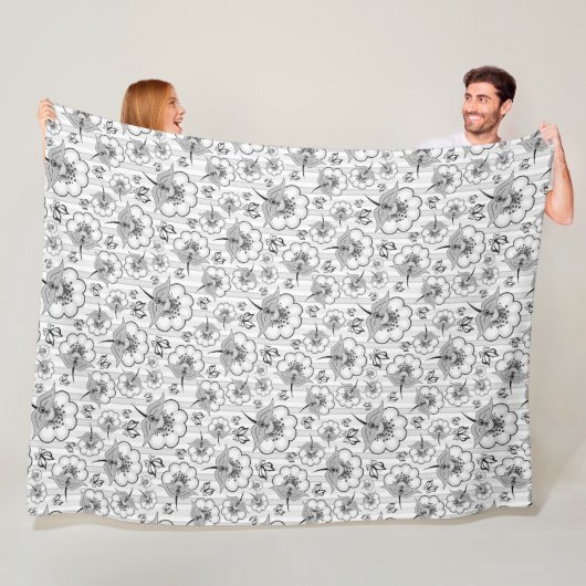 Zwart wit naadloos bloem fleece deken (In situ)
