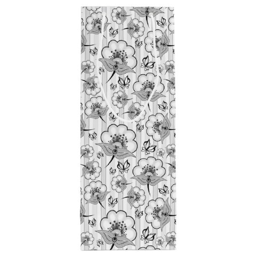Zwart wit naadloos bloem wijn cadeautas (Achterkant)