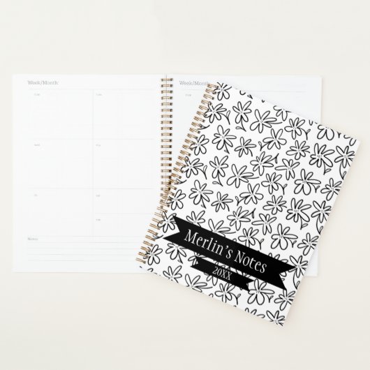 Zwart & Wit Naadloos Bloemmotief Jaar Planner (Display)