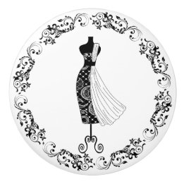 Zwart-wit naaikamer-buste-jurk paspop Cera Keramische Knop