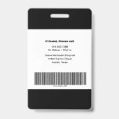 Zwart & Wit Naam, Foto, info, logo, barcode Badge (Achterkant)