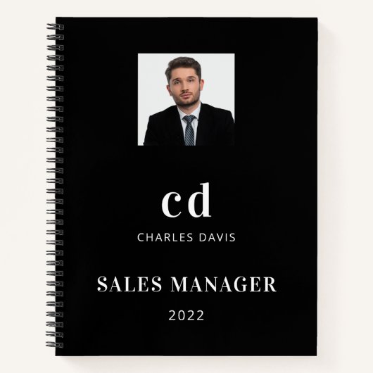 Zwart wit naam initials foto bedrijf notitieboek (Voorkant)