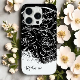 Zwart wit naam script lijn kunst bloemengrafiek iPhone 15 pro case