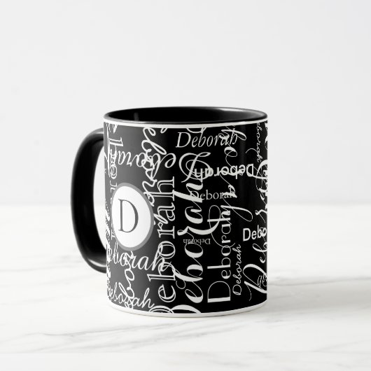 zwart wit naampatroon met monogram mok (Voorkant links)
