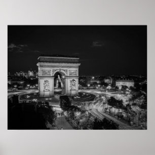 Zwart-wit Nacht Foto Arc de Triomphe Parijs Poster