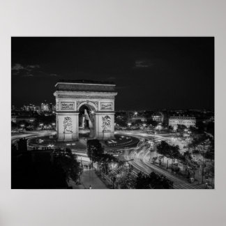Zwart-wit Nacht Foto Arc de Triomphe Parijs Poster