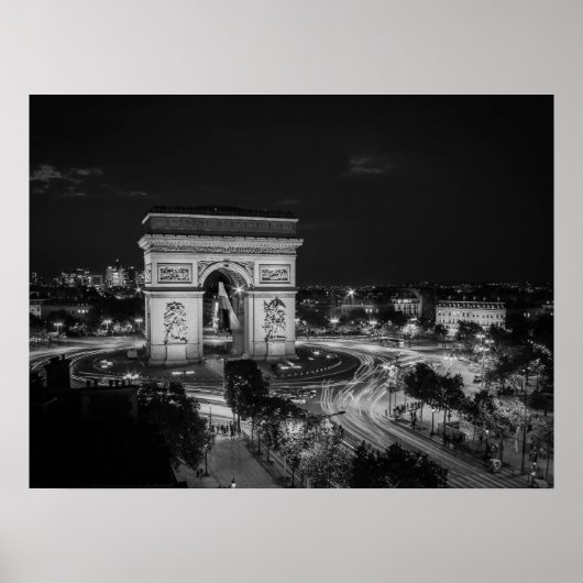 Zwart-wit Nacht Foto Arc de Triomphe Parijs Poster (Voorkant)