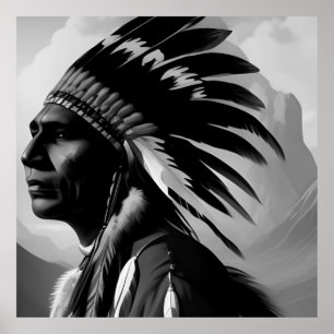 Zwart-wit Native American Indian Man Monochrome Poster
