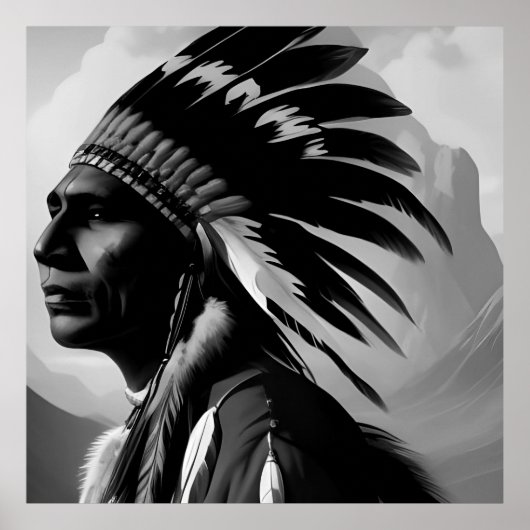 Zwart-Wit Native Amerikaanse Indiaan Man Monochroo Poster (Voorkant)