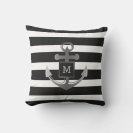 Zwart-wit Nautical Anchor Striped Monogram Buitenkussen