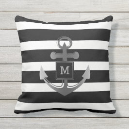 Zwart-wit Nautical Anchor Striped Monogram Buitenkussen