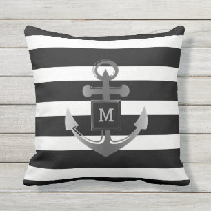 Zwart-wit Nautical Anchor Striped Monogram Buitenkussen