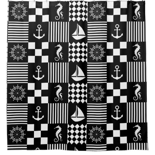Zwart-wit Nautical Patchwork Patroon Douchegordijn (Voorkant)