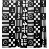 Zwart-wit nautisch patchworkpatroon douchegordijn (Voorkant)