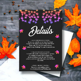 Zwart-wit neon bladeren herfst bruiloft details informatiekaartje
